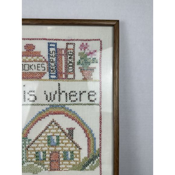 Vintage Framed Cross Stitch Embroidery Home is Where the Heart Is Retro - Picture 3 of 8